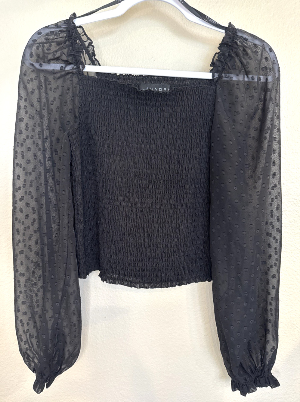 Laundry by Shelli Segal Smocked Sheer Swiss Dot Blouse Womens Small Black